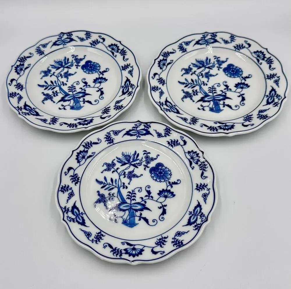 Danube 1950's Blue Onion Blue & White 3pc Dessert Plate Set Ribbon Hallmark Logo